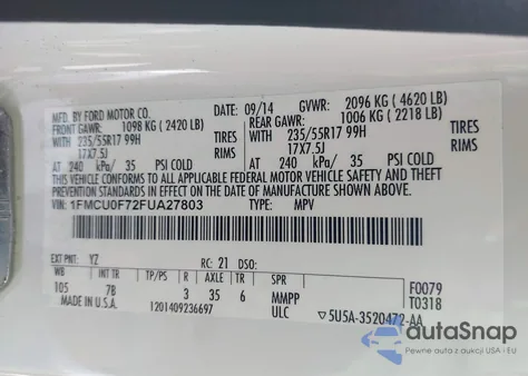 2015 Ford Escape S из США, поврежденный, VIN 1FMCU0F72FUA27803